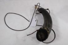 One black powder horn with antler stopper and leather carry strap