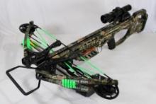 One PSE Fang 350 XT crossbow with 5 bolt quiver, 5 bolts and original box with paperwork