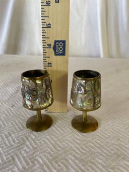 Vintage Mexican Abalone Brass Cordials