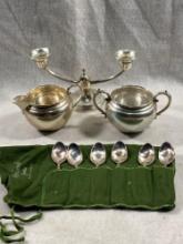 Fisher Sterling Cream & Sugar Containers With Candle Stick & Silver Plate Spoons