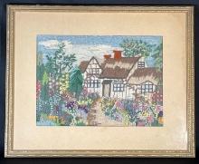 Painting of crewel cottage house with flowers