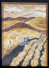 Painting of farmers field with man & woman on horse & buggy