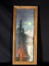 Landscape painting with two men & campfire