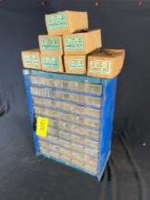 Small 45 drawer nut & bolt organizer w/ (7) boxes of new and used carriage bolts