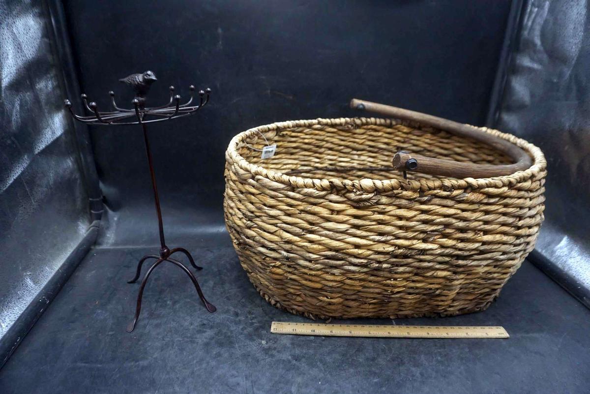 Large Decorative Basket From World Market & Metal Bird Jewelry Stand