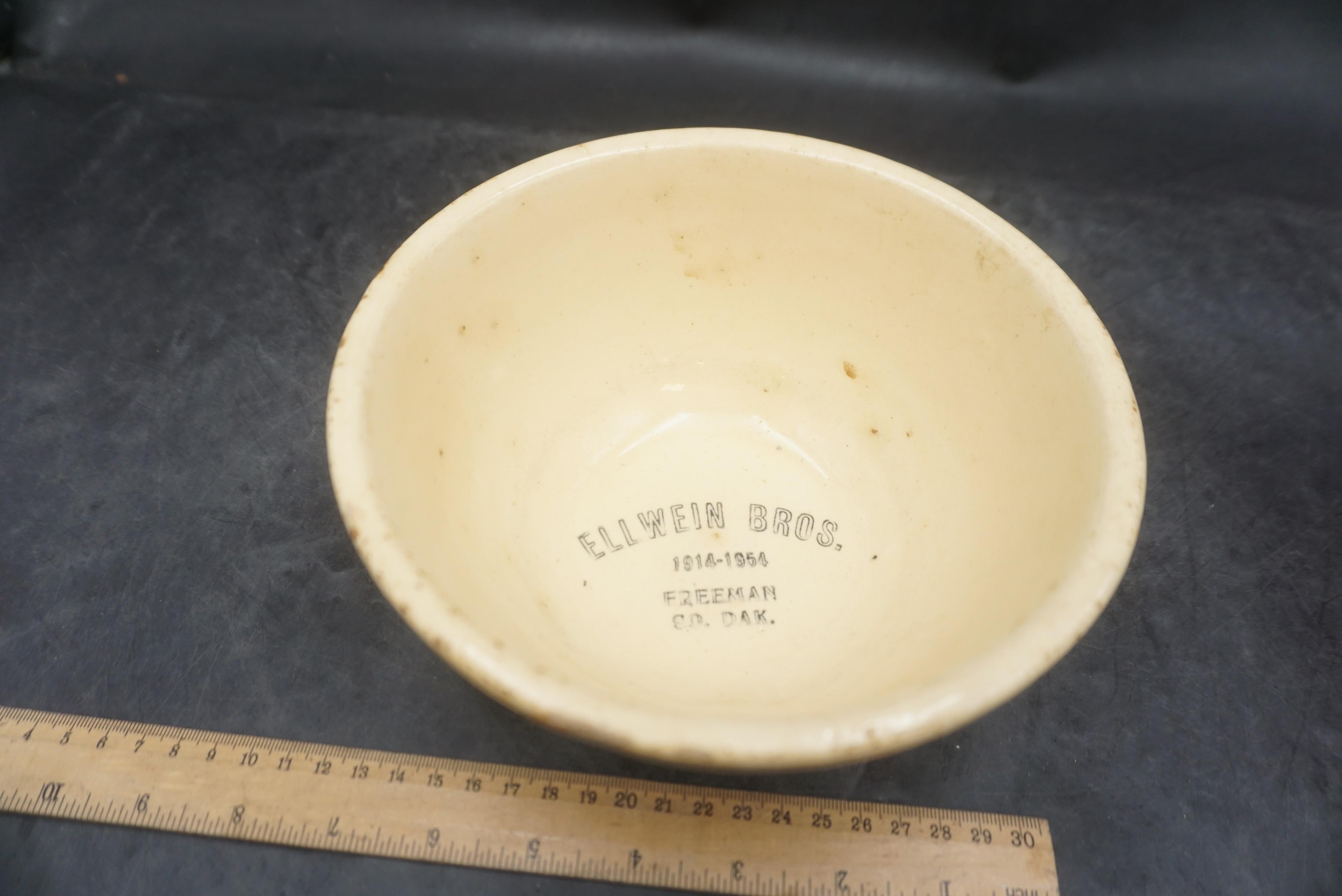 Ellwein Brothers. Freeman, S.D. Stoneware Bowl (Chips & Some Paint Missing)