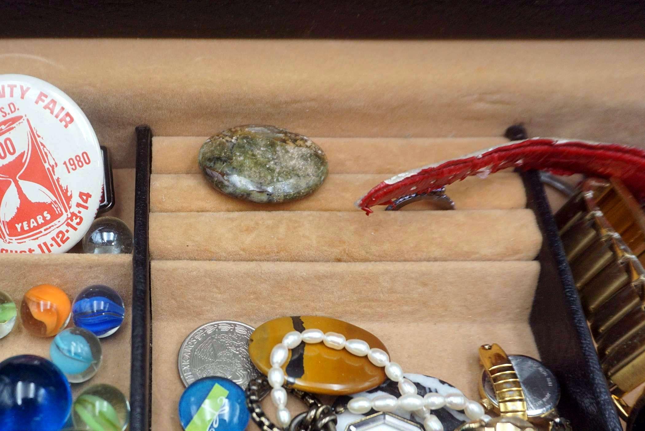 Jewelry Box W/ Marbles, Buttons, Jewelry, Watches, Stones, Knife & Keychain