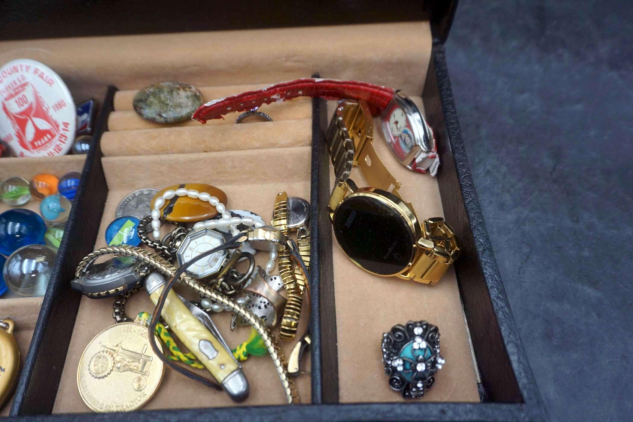 Jewelry Box W/ Marbles, Buttons, Jewelry, Watches, Stones, Knife & Keychain