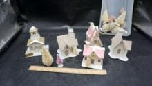 Pastel Pink & Cream Colored Christmas Village Houses W/ Bottle Brush Trees