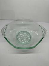 Vintage Green Depression Glass Bowl Cane Pattern Button With Elegant Handles - Uv Reactive