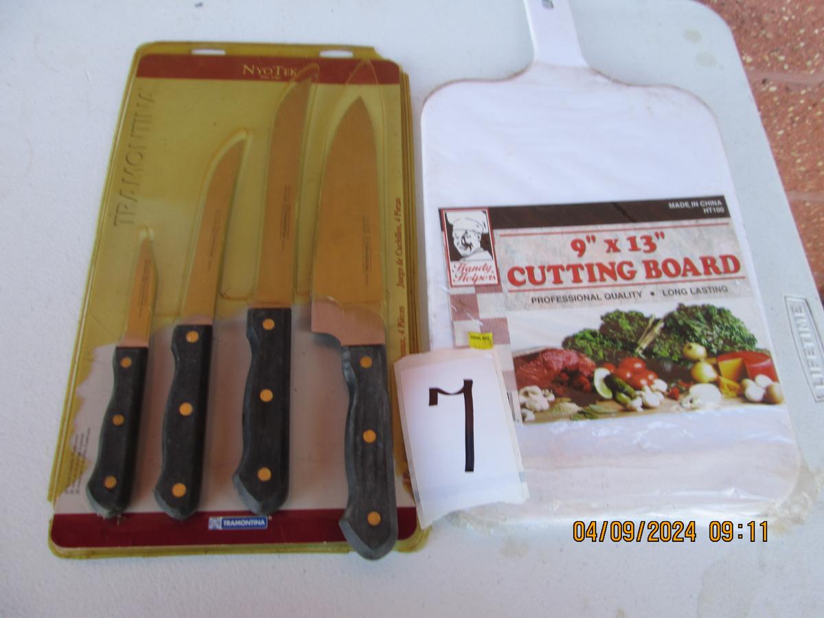 New Open Package Tramontina 4pk Asst Knives and cutting Board