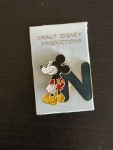 Vintage Mickey Mouse Brass Letter N Pin Still on Walt Disney Productions Sales Card Unused 1980s
