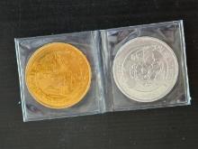 2 Disneyland Coins Mickey-Goofy "A Pirate's Life For Me" Gold and Silver Double-Sided Aluminum