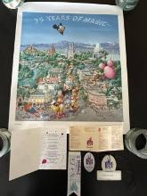 Unused 35 Years of Magic Disneyland Poster, & 35 Years Pin, Escort Badge, Ribbon and Wallet Facts, F