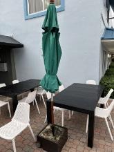 (2) Green Fabric Umbrellas w/17.5â€� Square Mobile Stands (1 may need repair)
