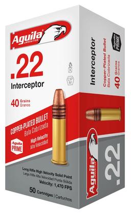 Aguila 1B220320 Interceptor High Velocity 22 LR 40 gr CopperPlated Solid Point 50 Per Box