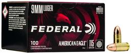 Federal AE9DP100 American Eagle Handgun 9mm Luger 115 gr Full Metal Jacket FMJ 100 Per Box