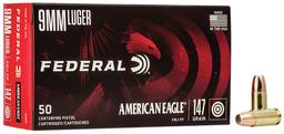 Federal AE9FP American Eagle Handgun 9mm Luger 147 gr Full Metal Jacket Flat Point FMJFP 50 Per Box