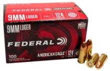 Federal AE9AP100 American Eagle 9mm Luger 124 gr Full Metal Jacket FMJ 100 Per Box