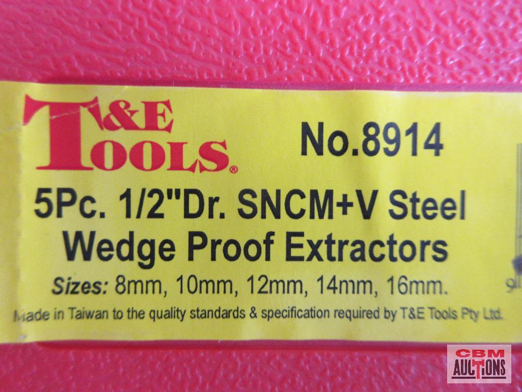 T&E Tools 8914 5pc 1/2" Drive SNCM + V Steel Wedge Proof Extractor Set (8mm-16mm) w/ Molded Storage