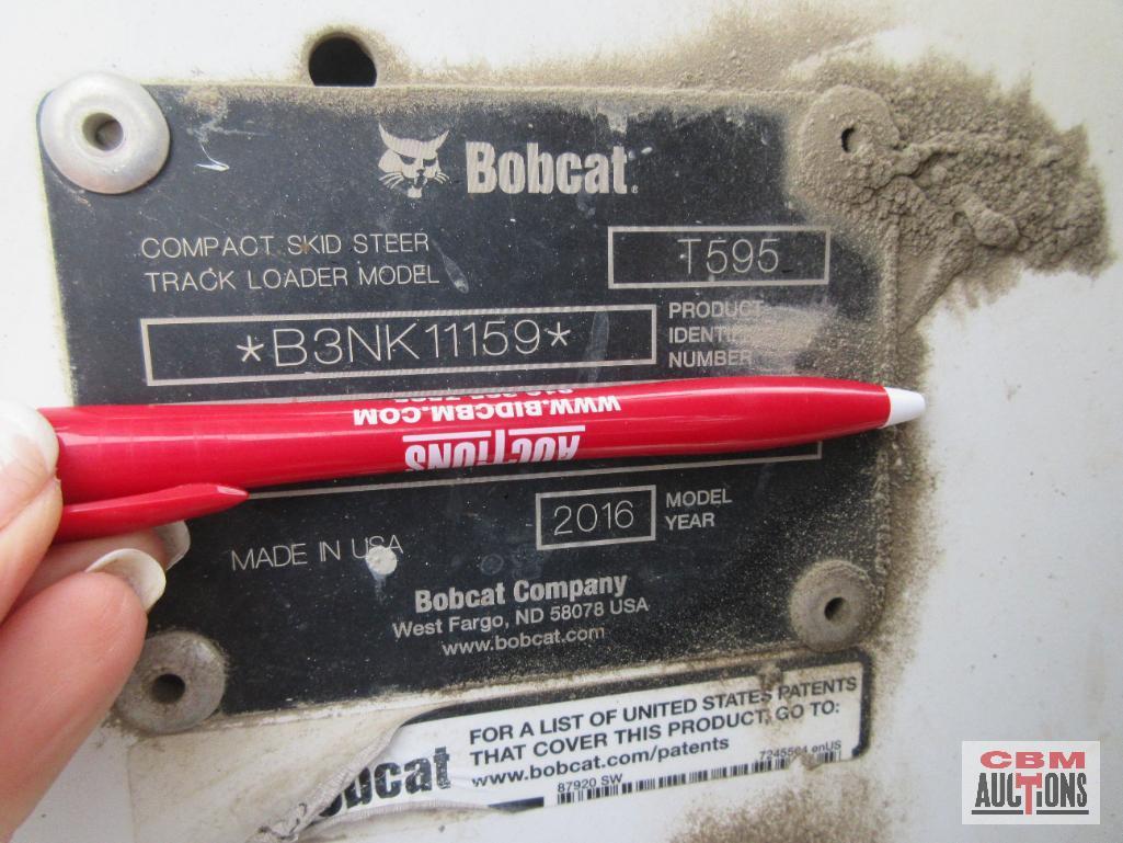 2016 Bobcat T595 Skid Steer Loader, Rubber Track, A/C & Heat, 74hp Diesel, 2,616 Hrs, ACS Controls,