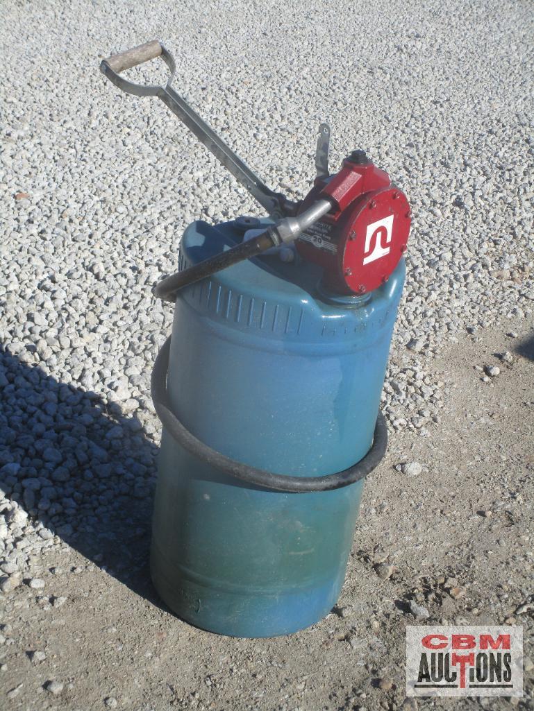 Fill Rite Piston Hand Pump On Blue Barrel