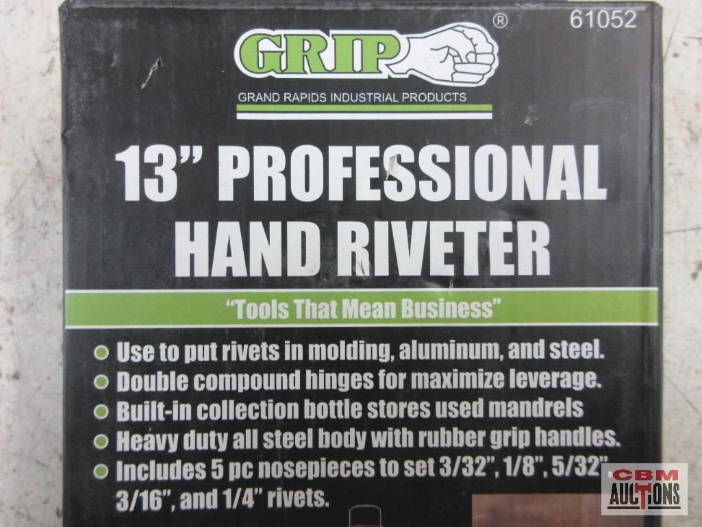 Grip 61052 13" Professional Hand Riveter... Includes: 5pc nosepieces to set 3/32", 1/8", 5/32", 3/16