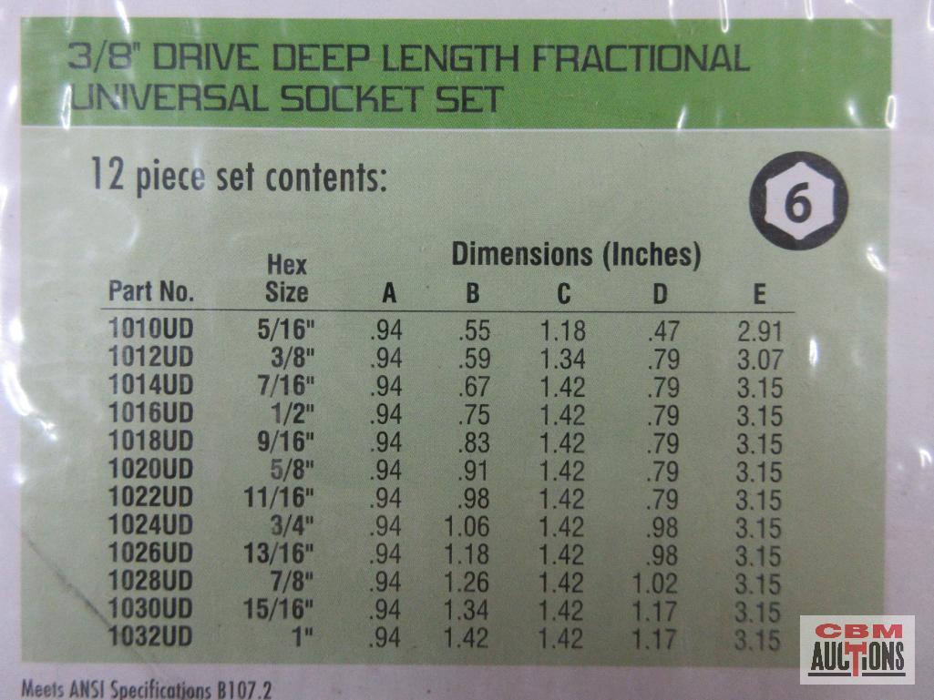 Grey Pneumatic 1212UD 12pc 3/8" Drive Deep Length Fractional Universal Socket Set (5/16" to 1") w/
