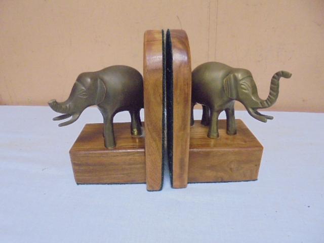 Set of Vintage Wood & Brass Elephant Bookends