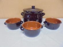 Vintage Pottery Bean Pot & 3 Bowls