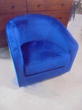 Vintage Style Blue Velvet Upholstered Barrel Back Swivel Chair