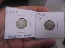 1907 & 1908 D Mint Silver Barber Dimes