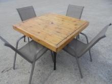 Wood Top Patio Table w/ 4 Sling Patio Chairs