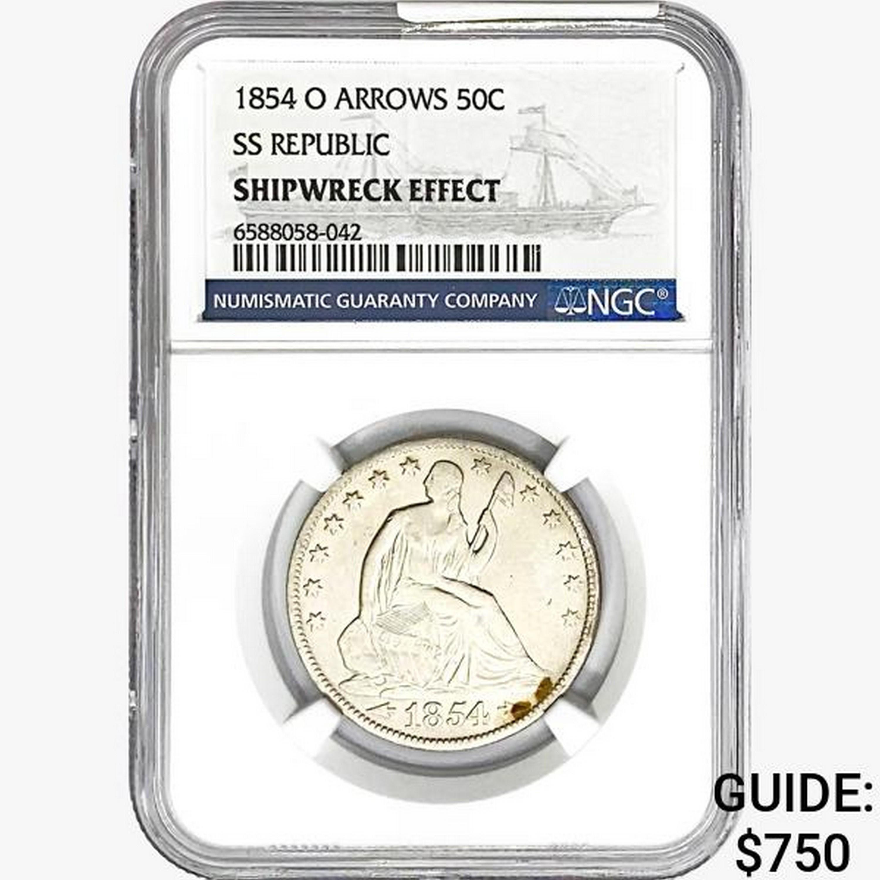 1854-O Seated Lib. 50C NGC Shipwreck Effect SS REP