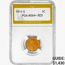 1911-S Wheat Cent PGA MS64+ RED
