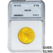 1910-D $10 Gold Eagle NNC MS64