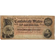 T-64 1864 $500 FIVE HUNDRED DOLLARS CSA CONFEDERATE STATES OF AMERICA CURRENCY NOTE VERY FINE