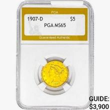 1907-D $5 Gold Half Eagle PGA MS65