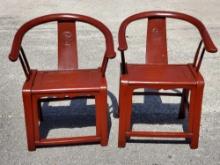 Pair Of Hand Made Chinese Red Lacquered Horse Shoe Chairs Mid 20th Century