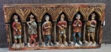 Solid Wood Panel of 6 Incarved Polychrome Musician Figures in Pillared Alcoves