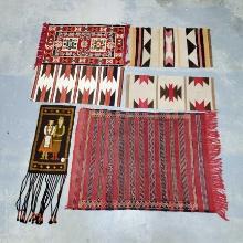 6 Vinttage Textiles with 3 old Navajo Small Saddle Bankets, Poland Wall Hanging, Kili Textile and