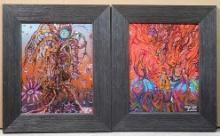 2 Nicholas "Nick" and Suzie Sea UV/ Black Light Psycedelic Acrylic Paintings in Stand Up Desk Frames