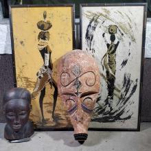 2 Framed Batik Art Panels, Caerved African Mask and Bust