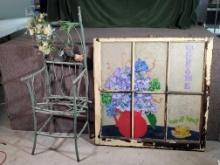 Wood Garden Twig Chair with Hand Painted Antique Window Pane