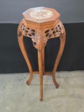 Asian Hard Carved Rosewood Stand With Marble Inset Top