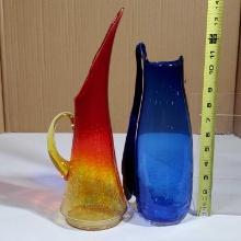 2 Retro Crackle Art Glass Vase & Ewer Blenko & Kanawha