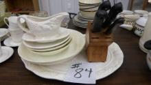 kitchen lot, turkey platter, gravy boat serving bowls and knife block with knives