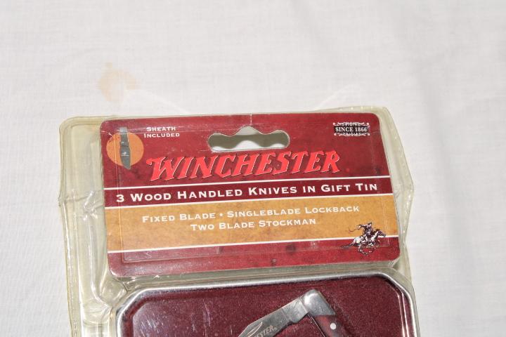 Winchester 3 Wood Handled Knives in Gift Tin.  New!