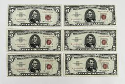 Collection of $5 Red Seal Bills