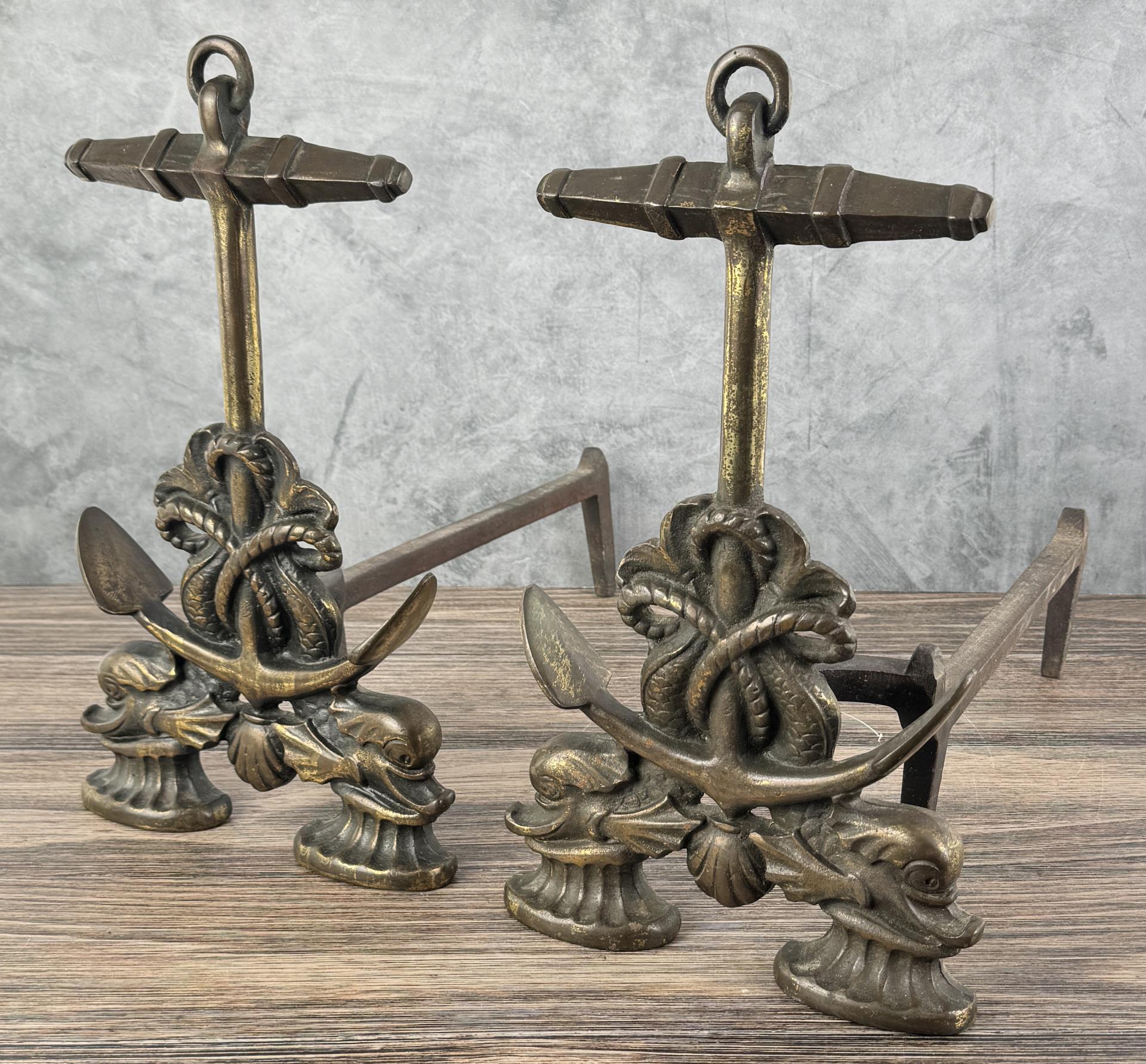 Antique Howes Double Dolphin Andirons